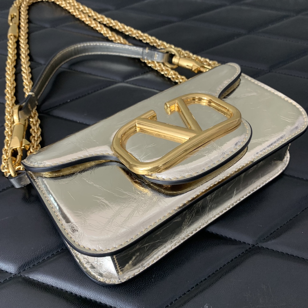 Valentino Garavani Loco Small Shoulder Bag in Gold Calfskin Leather 